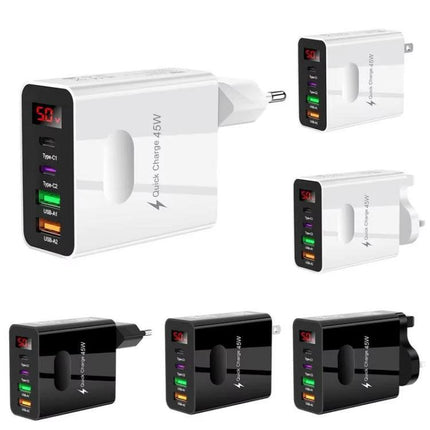 Multi-Port Charger for Daily Device Powering at Home – white 45W wall charger with two USB‑C and two USB‑A ports and LED display