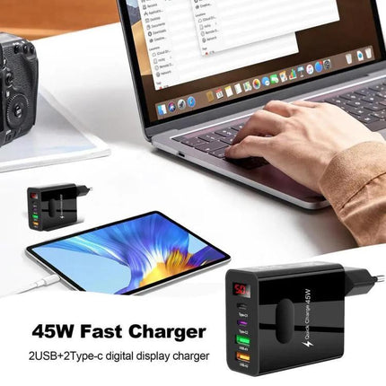 Multi-Port Charger for Daily Device Powering at Home - 45W fast charger with 2 USB and 2 Type-C ports charging smartphone tablet and laptop