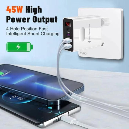 Multi-Port Charger for Daily Device Powering at Home — white 45W wall charger powering smartphone, tablet and laptop with multiple USB ports