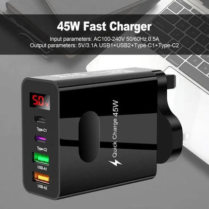 Multi-Port Charger for Daily Device Powering at Home black 45W fast charger with two Type-C and two USB ports shown next to laptop