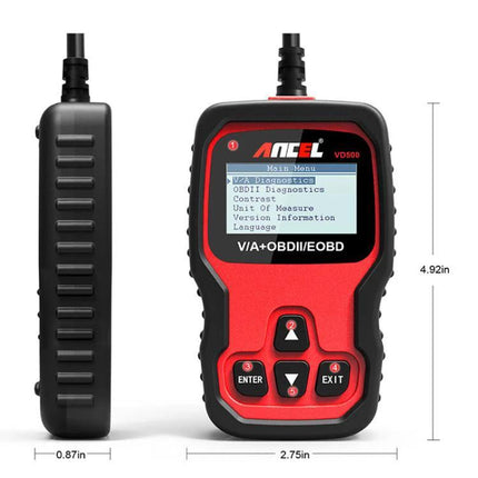 Ancel Diagnostic Tool for Everyday Car Maintenance at Home - compact red OBD2 reader showing main menu and dimensions