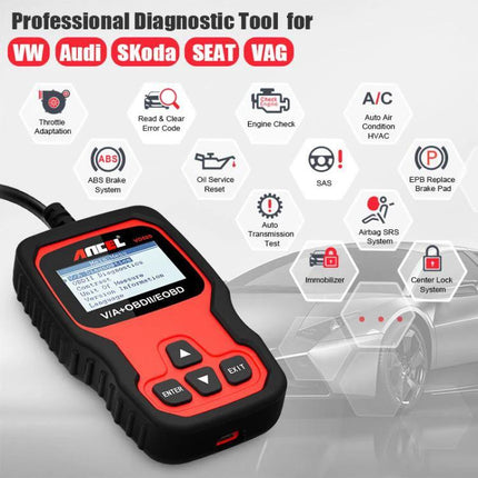 Ancel Diagnostic Tool for Everyday Car Maintenance at Home - handheld OBDII reader showing engine, ABS, airbag, oil reset functions