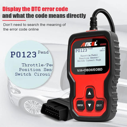 Ancel Diagnostic Tool for Everyday Car Maintenance at Home displaying P0123 error code on handheld OBD2 scanner screen