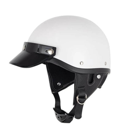 Motorcycle Helmet Brim Sunshade For 3-Buckle Helmets - white open-face helmet with black resin brim, anti-UV, anti-fog, anti-scratch coating
