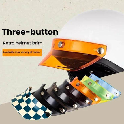 Motorcycle Helmet Brim Sunshade For 3-Buckle Helmets shown in multiple colors attached to a retro three-button white helmet visor