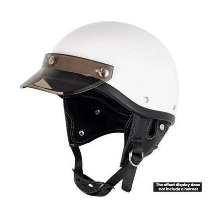Motorcycle Helmet Brim Sunshade For 3-Buckle Helmets attached to white open-face helmet with tinted resin visor, anti-UV and anti-scratch coatings