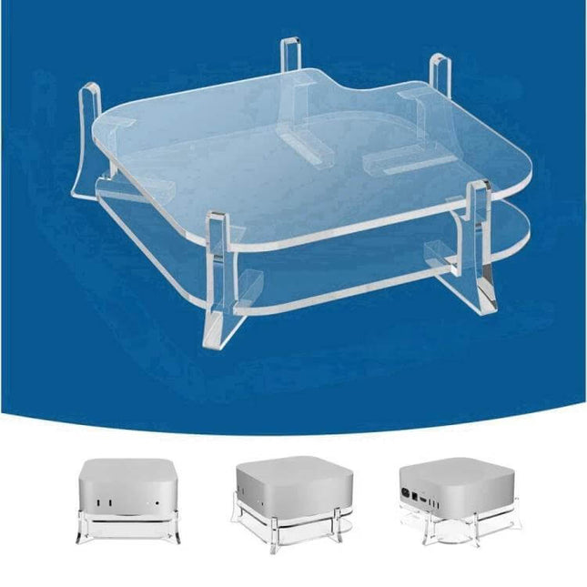 Acrylic Storage Bracket for Mac Mini M4 Desktop Use — clear acrylic elevated stand to free desk space and improve cable management