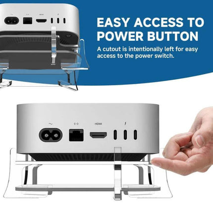 Acrylic Storage Bracket for Mac Mini M4 Desktop Use showing clear acrylic stand elevating Mac Mini with easy access cutout to power button and cable clearance