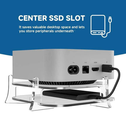 Acrylic Storage Bracket for Mac Mini M4 Desktop Use with clear acrylic stand elevating Mac Mini and center SSD slot for cable management