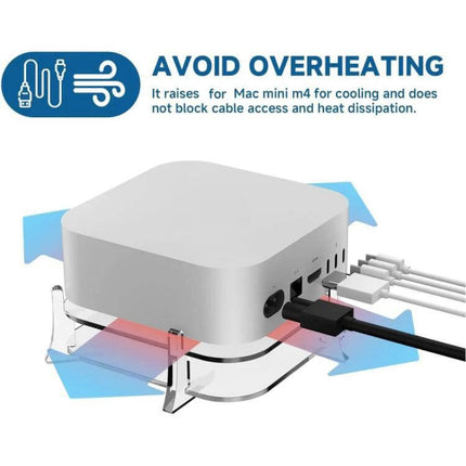Acrylic Storage Bracket for Mac Mini M4 Desktop Use showing clear acrylic stand elevating Mac Mini for airflow and cable access
