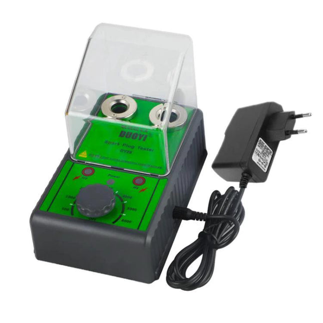 DUOYI Tester for Spark Plugs in Daily Vehicle Maintenance showing tester with dual spark plug sockets and power adapter