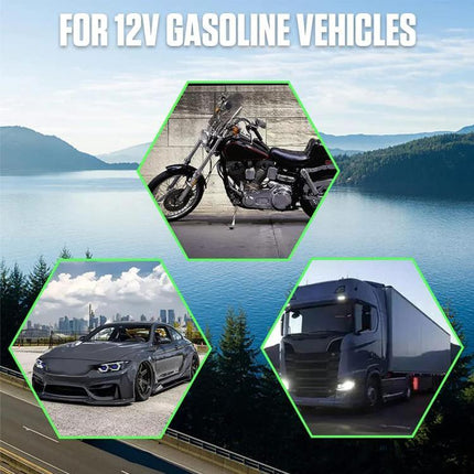 DUOYI Tester for Spark Plugs in Daily Vehicle Maintenance - image showing compatible 12V gasoline vehicles: motorcycle, car, and truck