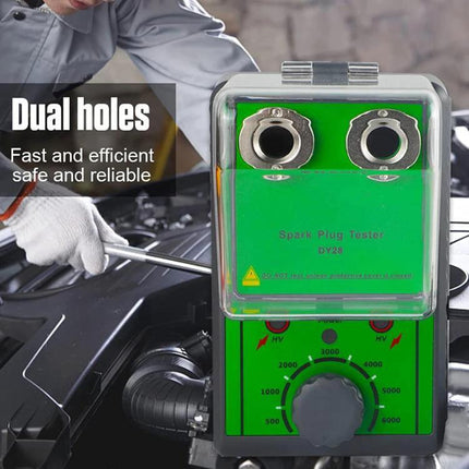 DUOYI Tester for Spark Plugs in Daily Vehicle Maintenance - green dual-hole spark plug tester connected during routine car engine check