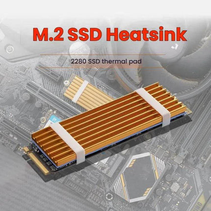 FinalCool Aluminum Heat Sink for M.2 2280 SSDs in Gold mounted on M.2 2280 SSD showing gold aluminum fins and thermal pads