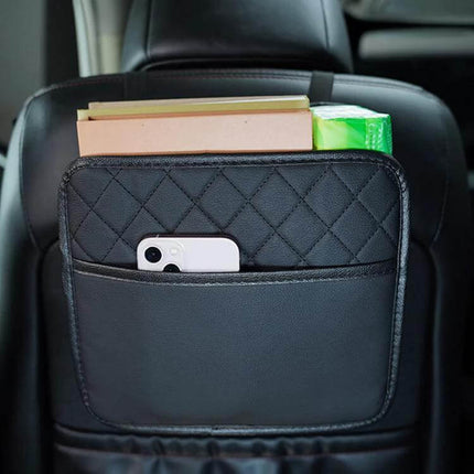 Leather Car Seat Back Storage Bag Large Capacity For Car Organization black quilted leather back-seat organizer holding phone, books, tissues