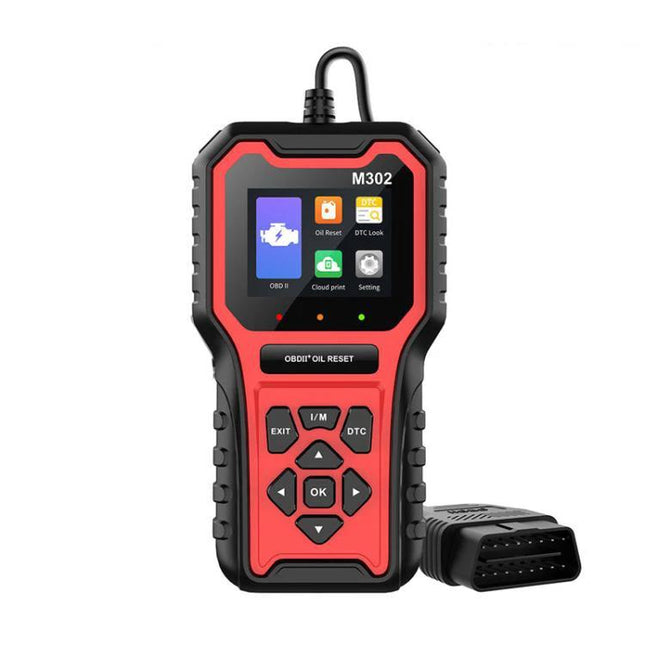 A Practical Tool for Everyday Car Maintenance at Home - red M302 OBD2 car diagnostic scanner with display and OBDII connector