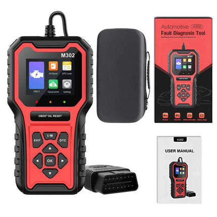 A Practical Tool for Everyday Car Maintenance at Home - red M302 OBD2 car diagnostic scanner with cable, case, box and user manual