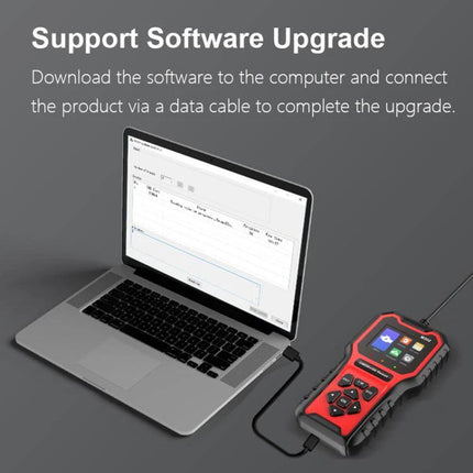 A Practical Tool for Everyday Car Maintenance at Home - red OBD2 diagnostic device connected to laptop for software upgrade and fault code reading