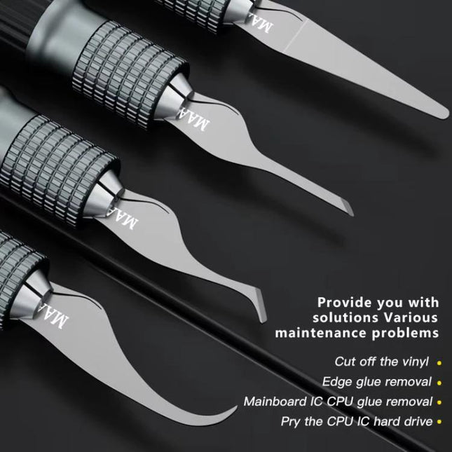 Alt Tag: 4-in-1 Multi-Tool for Cell Phone and Motherboard Repair showing four hand-polished high carbon steel blades for prying, glue removal, and precise repairs