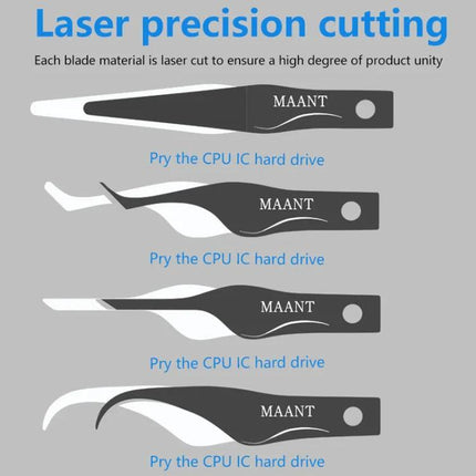 4-in-1 Multi-Tool for Cell Phone and Motherboard Repair showing four laser-cut high carbon steel pry blades for precision CPU and IC removal