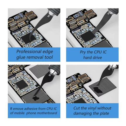 4-in-1 Multi-Tool for Cell Phone and Motherboard Repair - hand-polished high carbon steel blade prying glue removal and vinyl cutting on phone motherboard