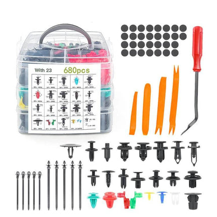 Car Retainer Clips Remover Kit 680 Piece Set For Interior Trim – clear organizer with 680pcs clips, trim tools, pry bars and removal pick