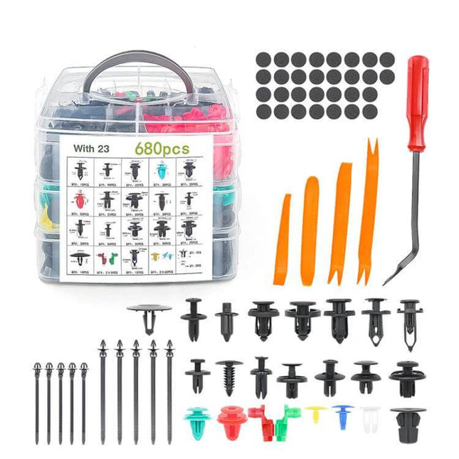 Car Retainer Clips Remover Kit 680 Piece Set For Interior Trim – clear organizer with 680pcs clips, trim tools, pry bars and removal pick