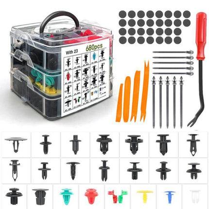 Car Retainer Clips Remover Kit 680 Piece Set For Interior Trim - 680pcs assorted plastic clips and removal tools in clear organizer for door panels dashboards liners