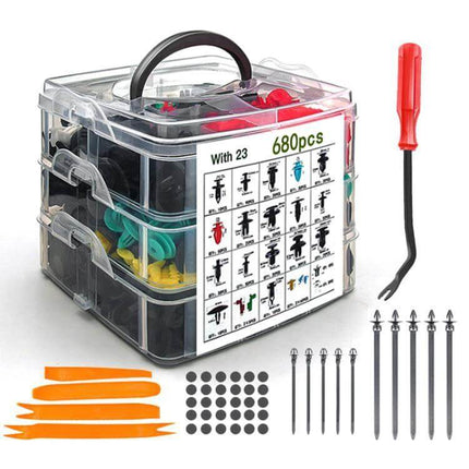 Car Retainer Clips Remover Kit 680 Piece Set For Interior Trim - 680pcs organizer with trim tools, pry tools and fasteners for door panels and dashboards
