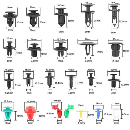 Car Retainer Clips Remover Kit 680 Piece Set For Interior Trim — assorted eco-friendly plastic clips and removal tools with dimensions for door panels, dashboards, bumpers
