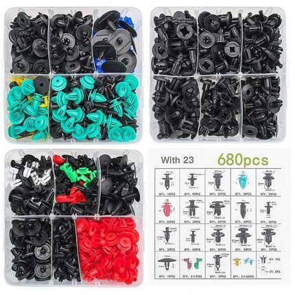 Car Retainer Clips Remover Kit 680 Piece Set For Interior Trim — 680pcs assorted eco-friendly plastic clips and removal tools for door panels, dashboards