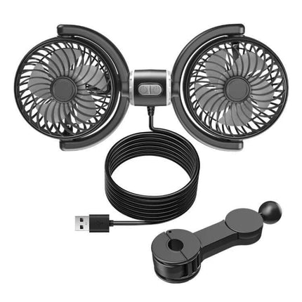 Car Headrest USB Fan Dual Head for Back Seat Comfort - dual-head USB fan, tool-free headrest mount, compact 5V cooling for rear passengers