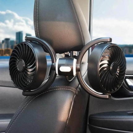 Car Headrest USB Fan Dual Head for Back Seat Comfort - dual-head USB fan attached to car headrest for rear-seat cooling, compact ABS/PP design