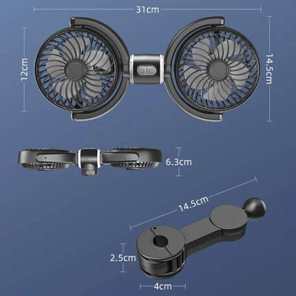 Car Headrest USB Fan Dual Head for Back Seat Comfort showing dual fans, dimensions (31×14.5×6.3 cm), USB power and headrest mounting arm