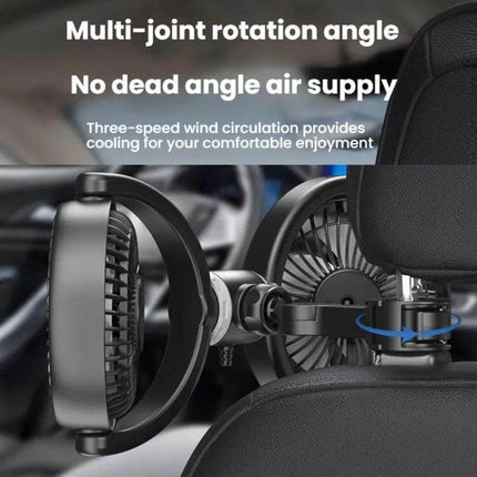 Car Headrest USB Fan Dual Head for Back Seat Comfort showing dual rotating fans mounted to headrest with USB-powered compact design