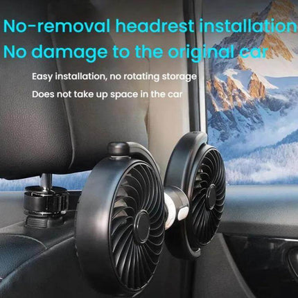 Car Headrest USB Fan Dual Head for Back Seat Comfort showing dual-head fan attached to car headrest with USB power, compact ABS/PP design for rear-seat cooling