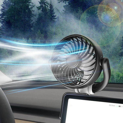 Car Corner Screen Folding Fan USB Powered For Dashboard mounted at corner of car screen directing cool airflow toward driver and passenger