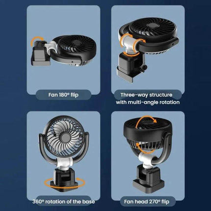 Car Corner Screen Folding Fan USB Powered For Dashboard showing compact corner-mounted fan with 180° flip, 270° head, 360° base rotation for angled airflow