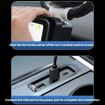Car Corner Screen Folding Fan USB Powered For Dashboard mounted at screen corner, rotating flush when not in use, USB cable plugged into car power port