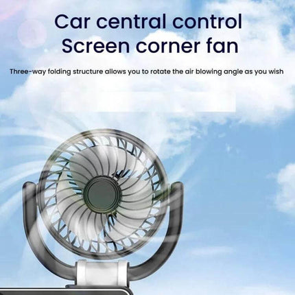 Car Corner Screen Folding Fan USB Powered For Dashboard shown mounted on car central control screen corner, compact three-way folding design