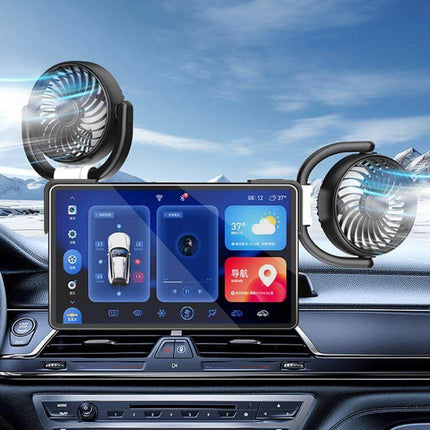 Car Corner Screen Folding Fan USB Powered For Dashboard mounted on car center screen delivering targeted airflow to driver and passenger