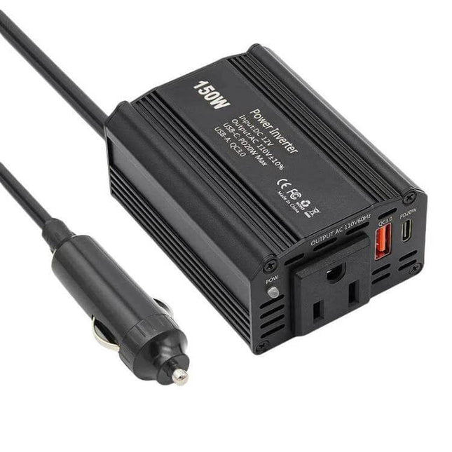 150W Car Inverter with Fast Charging and US/EU Plugs - compact 12V DC to AC power inverter with USB fast charge and US/EU plug compatibility for road trips
