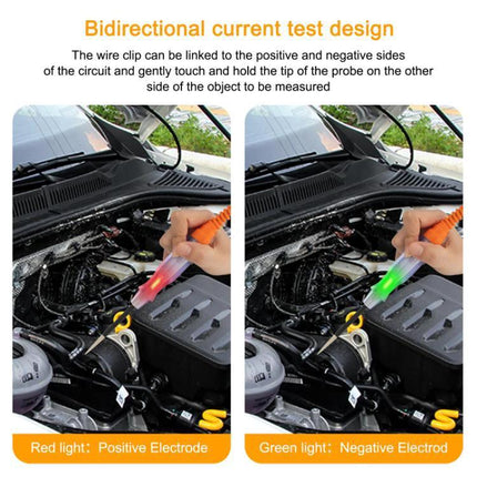 Practical Circuit Tester for Everyday Car Maintenance Tasks showing bidirectional current test with red and green probe lights on a car engine