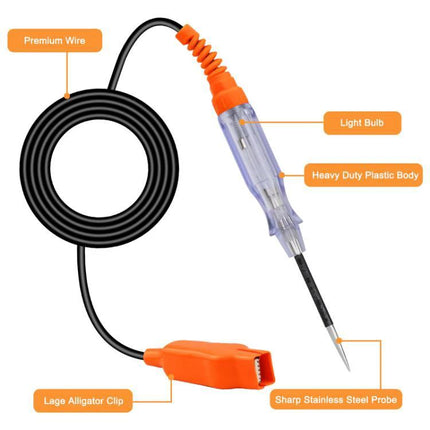 Practical Circuit Tester for Everyday Car Maintenance Tasks showing transparent handle, sharp stainless steel probe, alligator clip and coiled premium wire