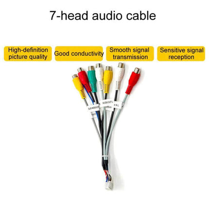 Palminfo Android Navigation Cable 7 Head Audio Cable Set showing bundled 7-head audio RCA leads with labels for in-dash Android navigation installation