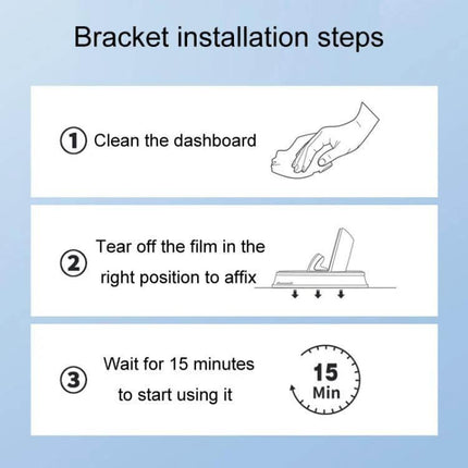 Car Center Console Phone Holder Installation Free Snap On bracket installation steps showing clean dashboard, peel film, wait 15 minutes