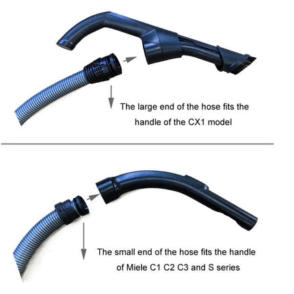 Compatible 2m Extension Hose for Miele CX1 Vacuum Cleaner, PVC extension hose showing large end fitting the CX1 handle and small end fitting other Miele models