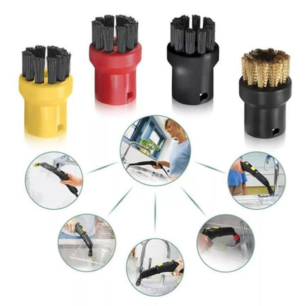 Karcher Glass and Mirror Cleaning Wiper Nozzle for Steam Cleaners shown with multiple brush attachments and usage examples for windows, mirrors, sinks