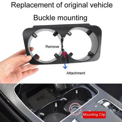 Center Console Cup Holder For Mercedes Benz Black Carbon Fiber - black carbon fiber front center console cup holder showing buckle mounting and mounting clip installation