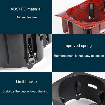 Center Console Cup Holder For Mercedes Benz Black Carbon Fiber close-up showing ABS+PC material, improved spring, limit buckle and red carbon finish